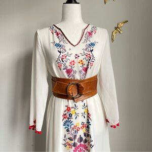 Boho Floral Embroidered White Maxi Dress